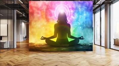 Silhouette of a person sitting in a lotus position in meditation with a bright multi-colored aura Wall mural