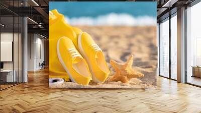 Beach bag and sneakers against sea and sky Wall mural