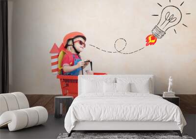 Kid playing with toy rocket at home Wall mural