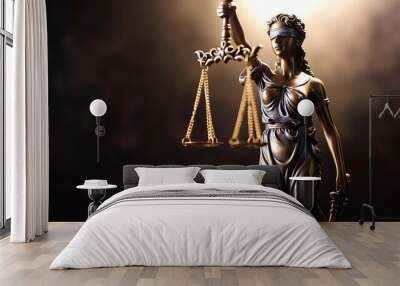 The statue of justice with closed eyes themis holds in her hands the metal scales of justice with copyspace Wall mural