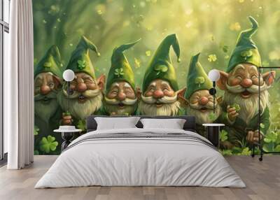 Watercolored Little green positive elf gnomes. Fairytale characters concept for book, st. patrick's day celebration	
 Wall mural