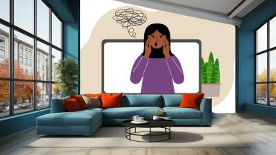 Online consultation with a psychologist. Laptop with a muslim woman with confused thoughts. Psychotherapeutic practice, psychiatric consultation. Wall mural