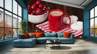 Hot Chocolate Drink. Christmas Sweets And Decorations. Wooden Ba Wall mural