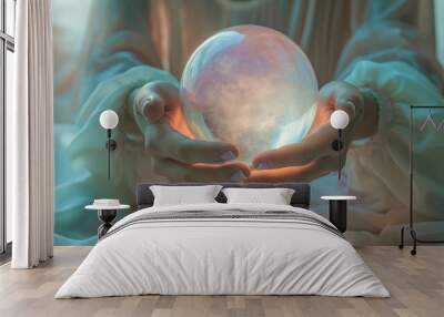 A woman is holding a crystal ball in her hands while sitting on a bed, fortune teller concept. Wall mural