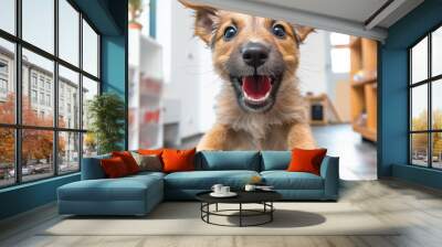 Happy cute puppy running towards camera. Low angle view. Cozy indoor background. Generated with AI. Wall mural