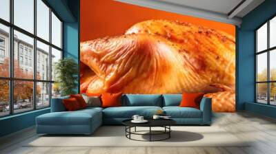 Roasted turkey or chicken on orange background, wide horizontal panoramic banner with copy space, or web site header with empty area for text. Wall mural