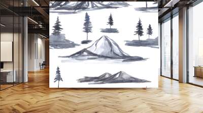 Watercolor seamless pattern with mountains,,hills,wood fir trees in grey blue color as scandinavian background.Nordic northern landscape,environment concept. Wall mural