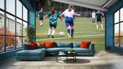 Girls playing soccer at the artificial turf field Wall mural