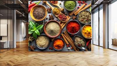 Knolling spices and herbs on a black stone table top. Food and cuisine ingredients. The concept of healthy and tasty food. Background for menu, invitation, card, banner, flyer Wall mural