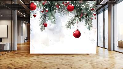 Watercolor Christmas background framed with snow-covered fir branches with festive red Christmas balls. Holiday card, greeting, background, banner, wallpaper. Copy space. Wall mural