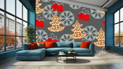 Gingerbread Christmas tree seamless pattern, Christmas gingerbread and bells on gray background Wall mural