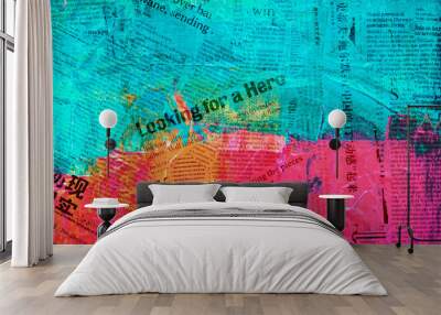 Digital created grunge background painting in bright colors of pink, turquoise and orange  with text fragments Wall mural