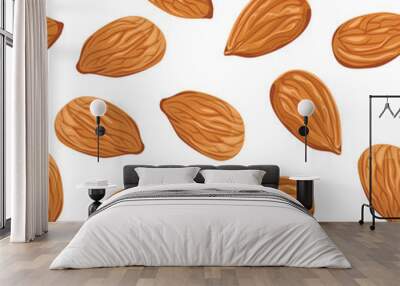 Almond nuts seamless pattern on a white background. Vector illustration of nuts and seeds in a flat cartoon style. Wall mural