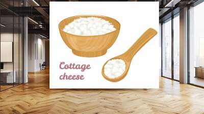 Cottage cheese in wooden bowl and spoon set. Dairy products isolated on white background. Vector illustration of organic healthy food in cartoon flat style. Wall mural