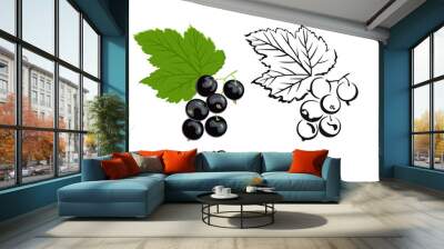 Currant color illustration and black and white outline  of a berry isolated on a white background. Vector image, icon in cartoon flat style. Wall mural