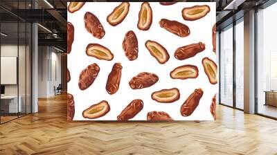 Dates fruits seamless pattern. Vector illustration of dried fruits on a white background in cartoon flat style. Dried date palm berries.  Wall mural