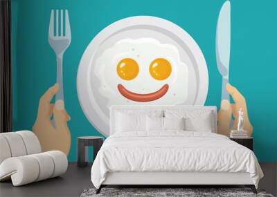 Funny breakfast. Fried eggs and sausage in the shape of smiling face on white plate. Hands hold knife and  fork. Vector food illustration in cartoon simple flat style. Wall mural