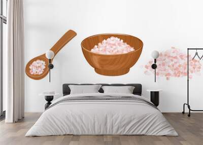 Pink Himalayan salt in wooden bowl, spoon and heap of salt isolated on white. Vector illustration of organic spice in cartoon flat style. Wall mural