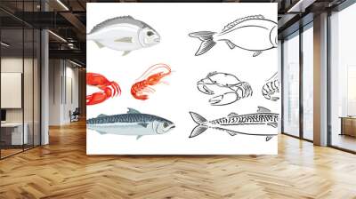 Seafood and fish set. Vector illustration of dorado, shrimp, crab and mackerel. Cartoon flat icon and black and white outline.  Wall mural