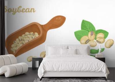 Soybeans in wooden scoop isolated on white background. Soya, green pods and heap of beans. Vector illustration of legumes in cartoon simple flat style. Wall mural