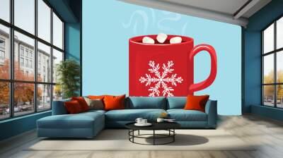 Steaming hot chocolate with marshmallows in red cup with white snowflake. Hot winter drink and piece of chocolate isolated on white background. Vector illustration of sweet cocoa in cartoon flat style Wall mural