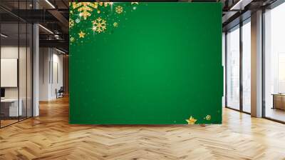 Green christmas background with frame of gold glittering snowflakes, vector illustration Wall mural