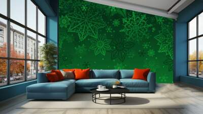 Green christmas banner with snowflakes. Merry Christmas and Happy New Year greeting banner. Horizontal new year background, headers, posters, cards, website.Vector illustration Wall mural