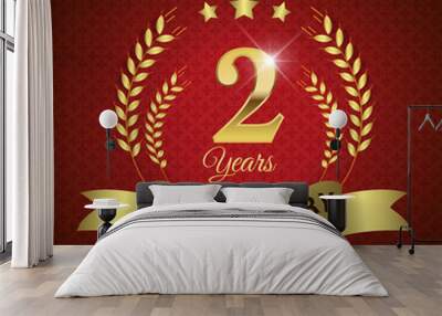 celebrating 2 years anniversary, golden laurel wreath & ribbon Wall mural