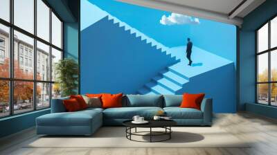 Businessman Walking Upstairs Towards The Cloud. Wall mural