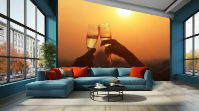 two glasses of champagne or wine, couple dating concept, romantic celebration of engagement or anniv Wall mural