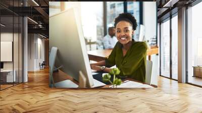 Portrait, business and black woman with computer, smile and connection with internet, research or online article. Face, employee or journalist with pc, creative or website design for magazine editing Wall mural