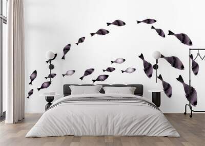 Silhouettes of groups of  fishes on white. Watercolor Wall mural