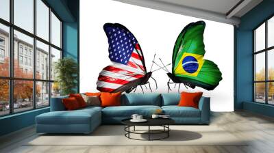 Two butterflies with flags USA and Brazil Wall mural