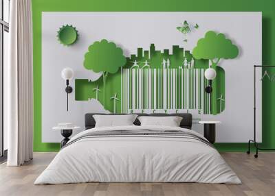 A green city and a water bottle with a barcode, the idea is to recycle old plastic bottles, think green, paper illustration, and 3d paper. Wall mural