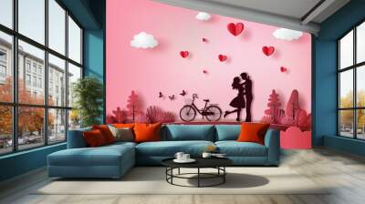 Cute couple in love hugging with many hearts floating. Wall mural