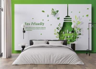 design for an eco friendly banner, a light bulb shape with city and garden, save the planet and ener Wall mural