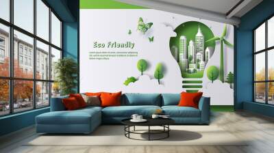 design for an eco friendly banner, a light bulb shape with city and garden, save the planet and ener Wall mural