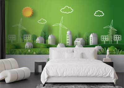 Eco-friendly home with cutting-edge technology, including solar cells and a windmill, paper illustration, and 3d paper. Wall mural