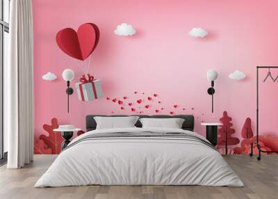 Gift box with heart balloon floating it the sky, Happy Valentine's Day banners, paper art style. Wall mural