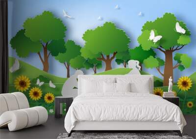 Paper art style of family enjoy fresh air in the park with baby to make first steps on grass, eco green city, flat-style vector illustration. Wall mural