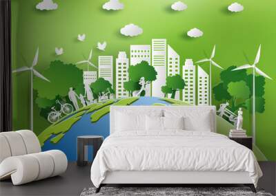 Paper art style of landscape with eco green city, people enjoy fresh air in the park, save the planet and energy concept, flat-style vector illustration. Wall mural