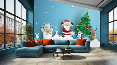 Paper art style of Santa Claus and friends with Christmas tree and snowflake background, Merry Christmas and Happy New Year concept. Wall mural