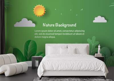 Product banner, podium platform with geometric shapes and nature background, paper illustration, and 3d paper. Wall mural