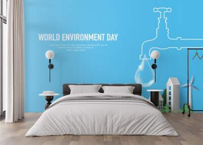 World Environment Day, a tap with water drop and city background. Paper illustration and 3d paper. Wall mural