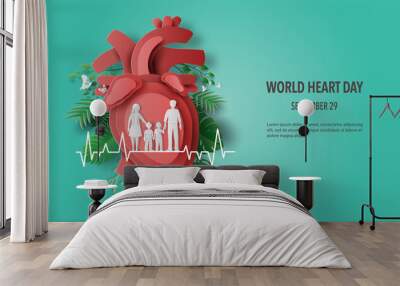 World Heart Day concept, a family holding hands standing on a heartbeat line together with a heart in the background, paper illustration, and 3d paper. Wall mural