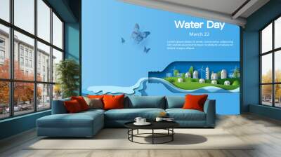 World Water Day, save water, a bottle of water with a green city inside, paper illustration, and 3d paper. Wall mural