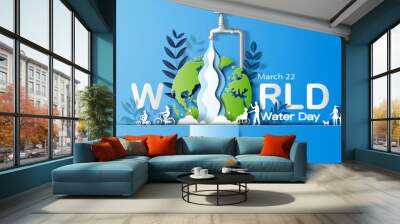 World Water Day, save water, the water flows out of the tap while many people are involved in activity, paper illustration and 3d paper. Wall mural