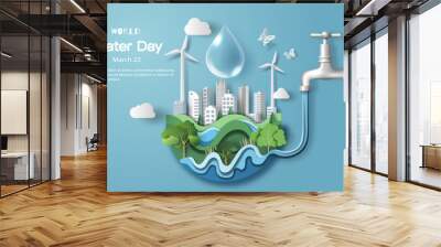 World Water Day, water comes from the faucet to provide water for the city's residents, paper illustration and 3d paper. Wall mural