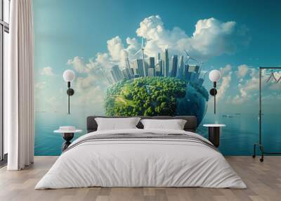 A city is built on a globe with a blue sky above it Wall mural