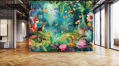 A colorful painting of a forest with a group of animals, including deer, rabbits, and birds Wall mural